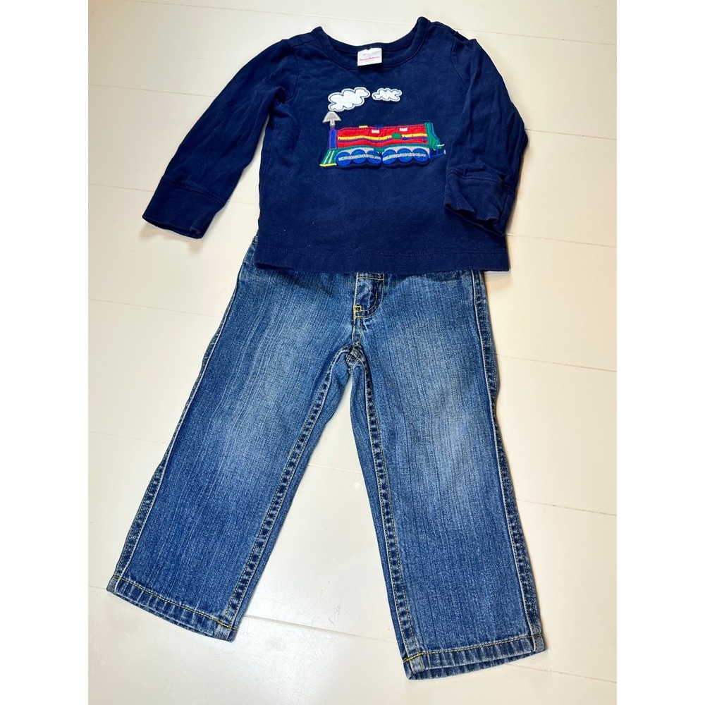 Hanna Andersson Train Set Kids 2T 80 Navy Long Sleeve T Medium Wash Denim Jeans